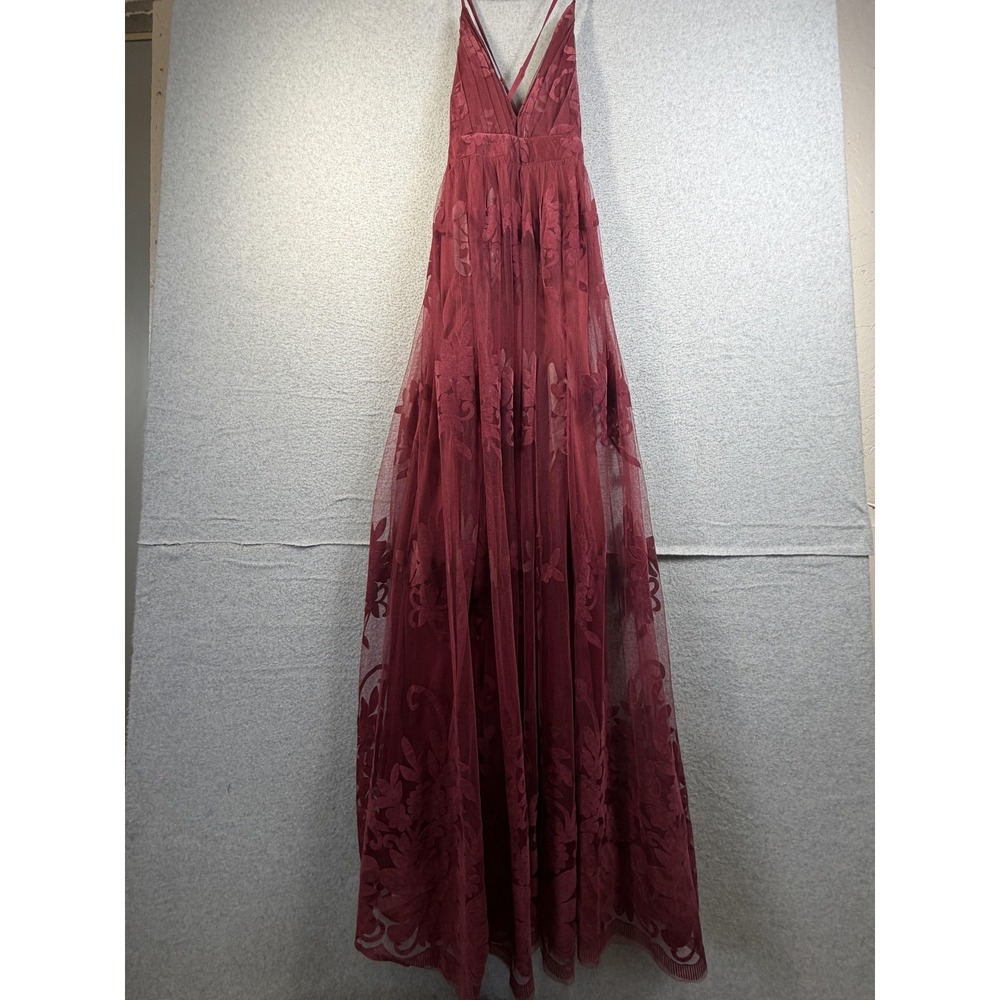 Luxxel Dress Womens Medium Red Floral Flocked Mesh Maxi Formal Gown Evening